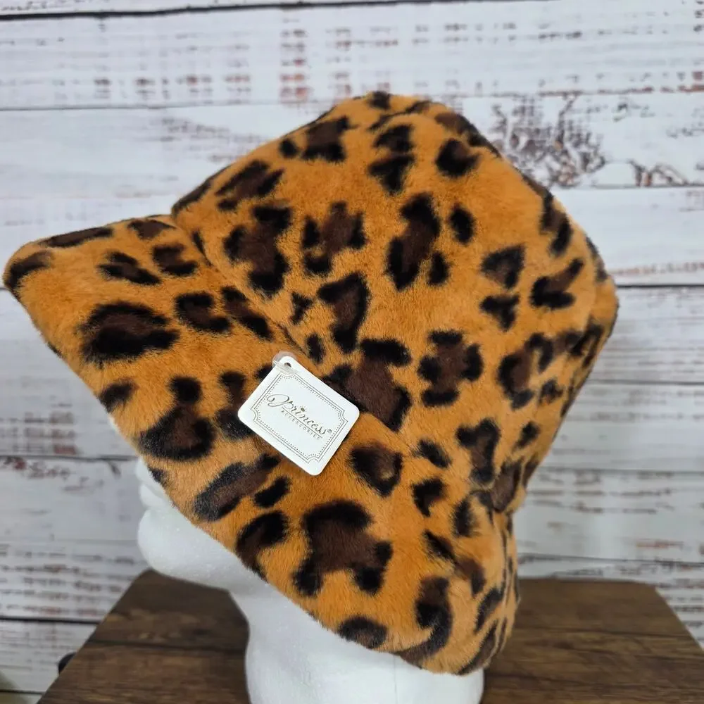 Leopard Print Faux Fur Women's Bucket Hat NWT